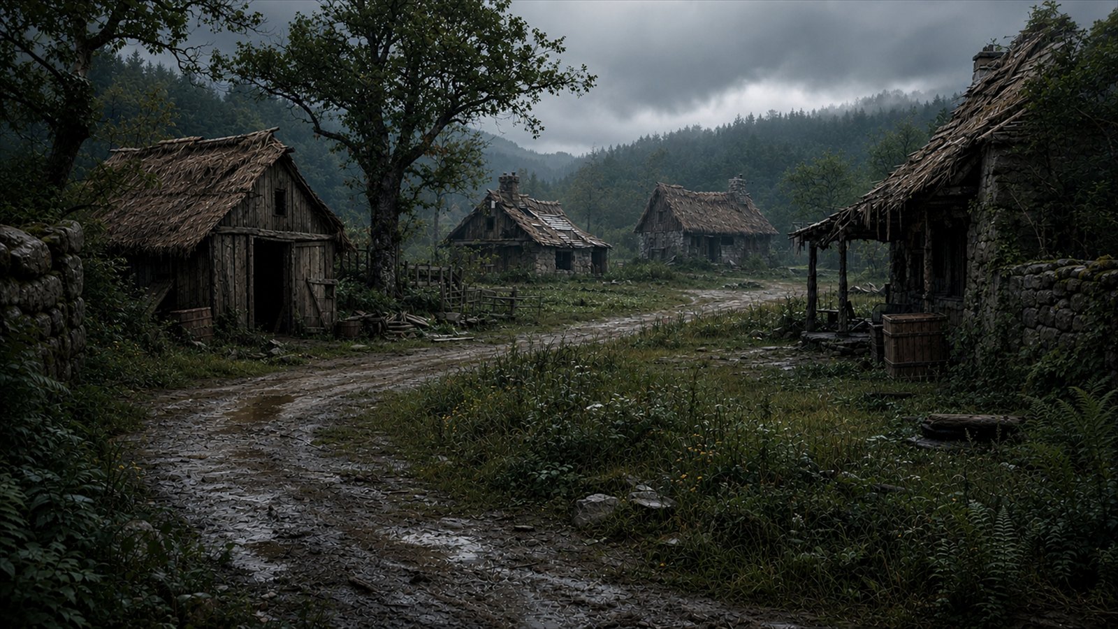 Verlassenes Dorf in der regennassen Landschaft von Tharvion