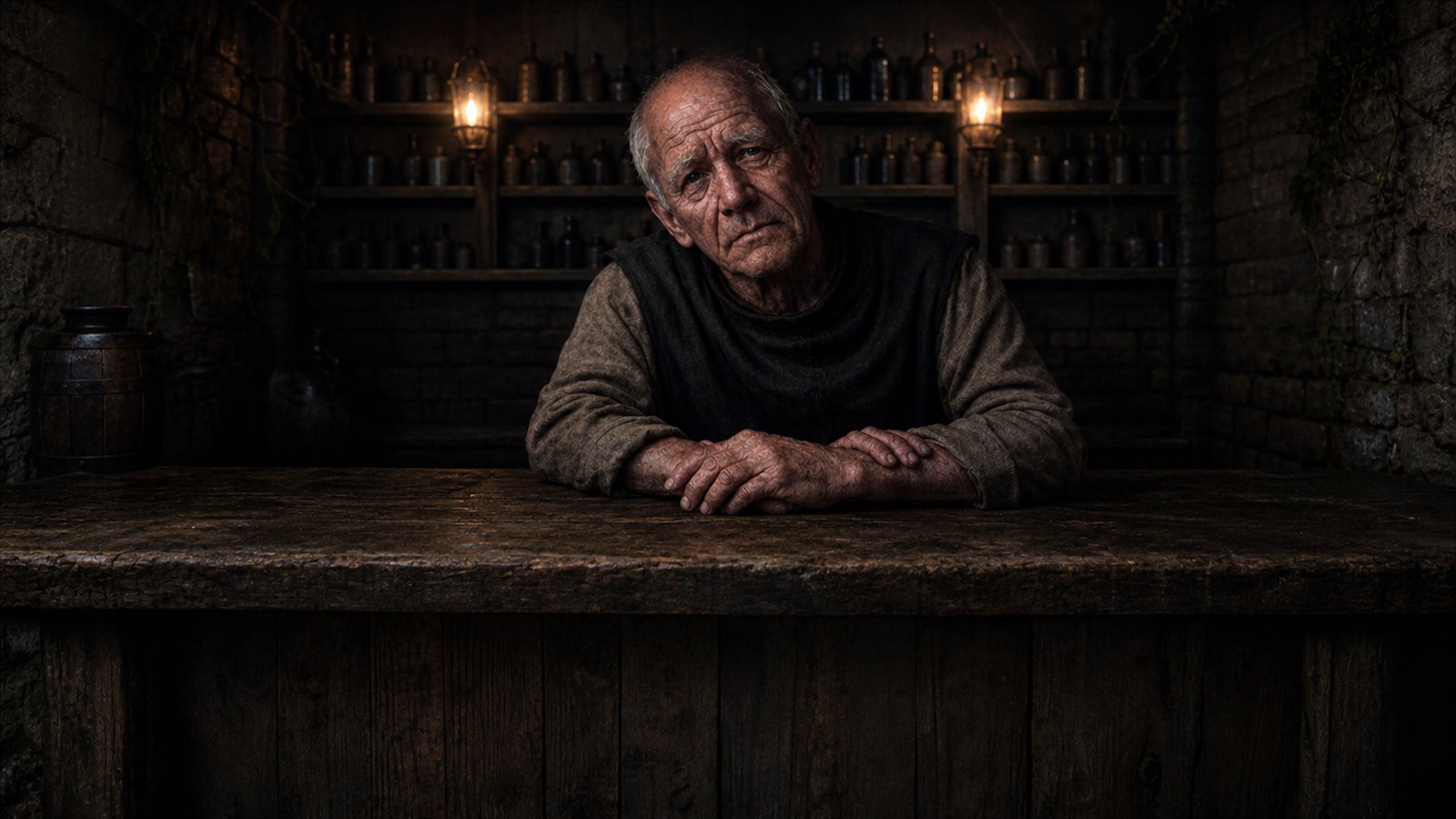 Der alte Barkeeper hinter dem Tresen der Taverne