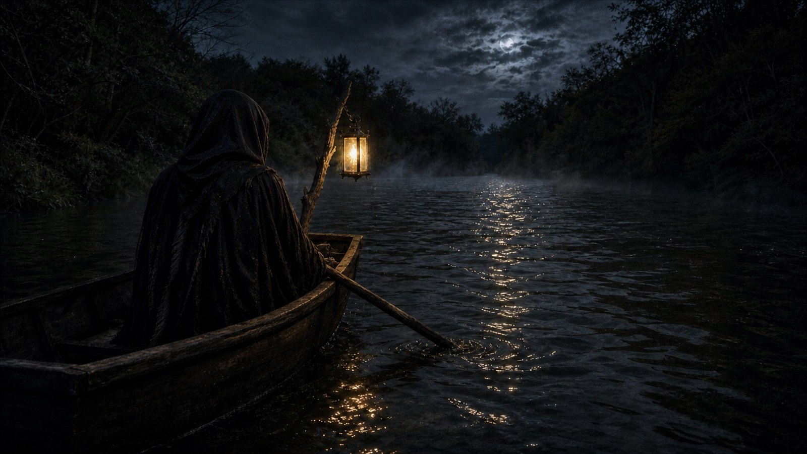 Der Fährmann setzt über den dunklen Fluss nach Tharvion über