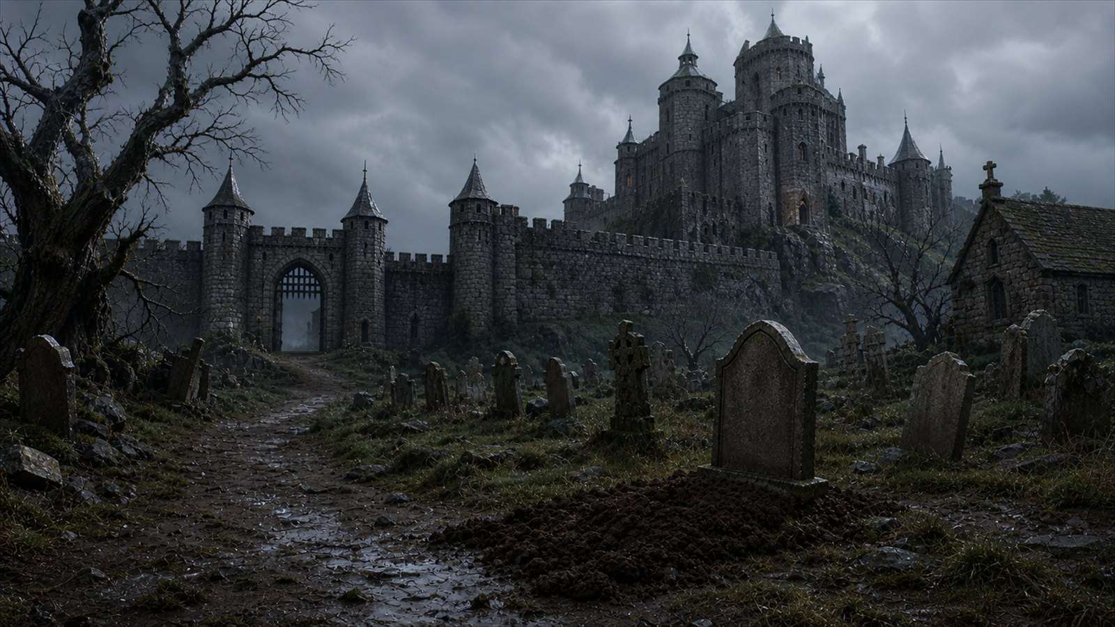 Verwilderter Friedhof vor der Burg von Tharvion