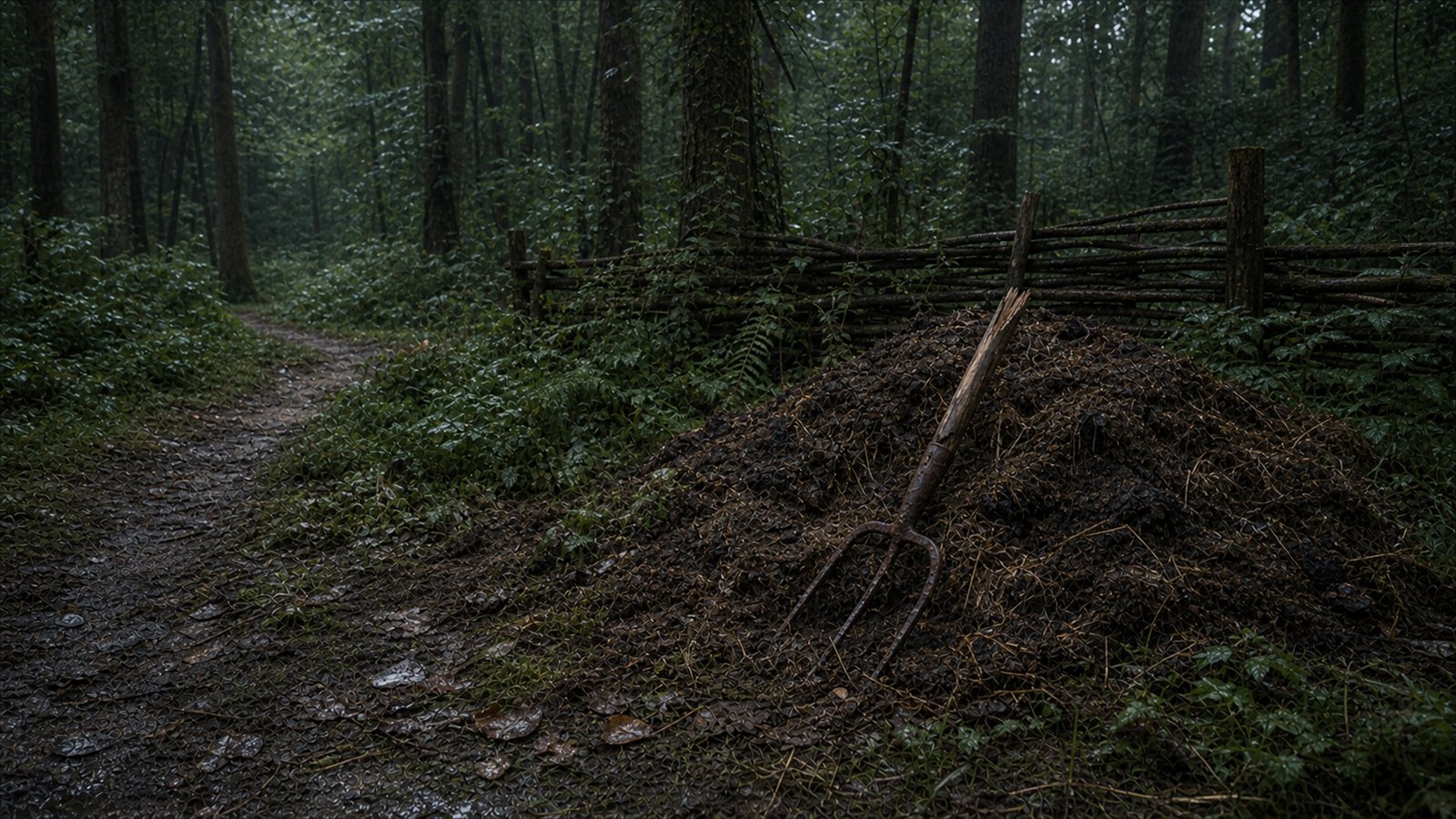 Waldlichtung mit einem Misthaufen und einer zerbrochenen Mistgabel