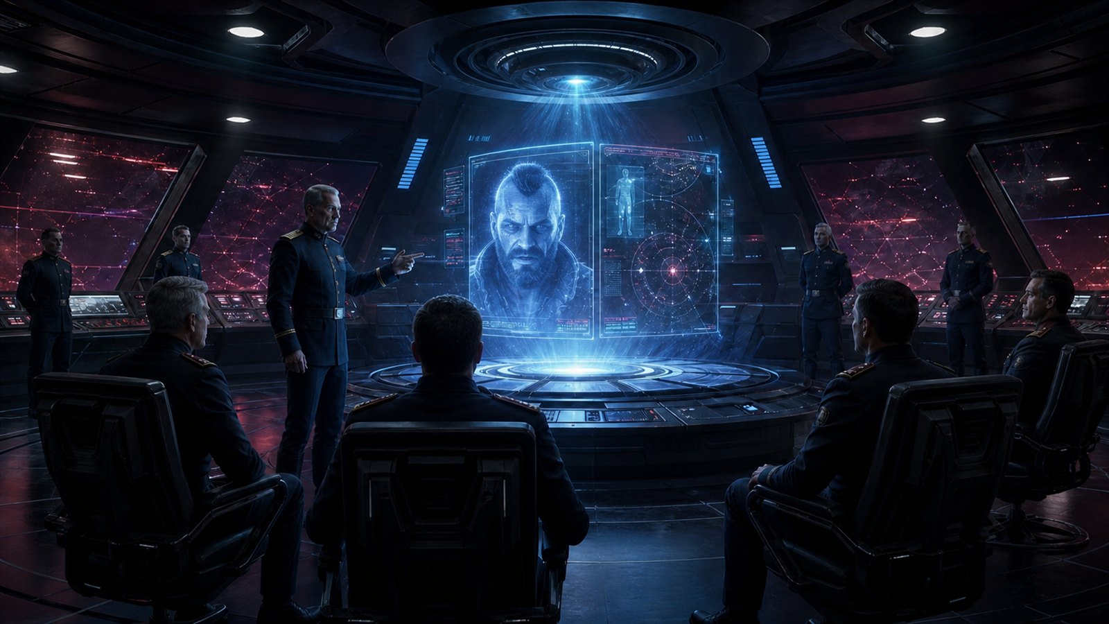 Sicherheitsbesprechung der Föderation mit dem Hologramm Alden Sareks